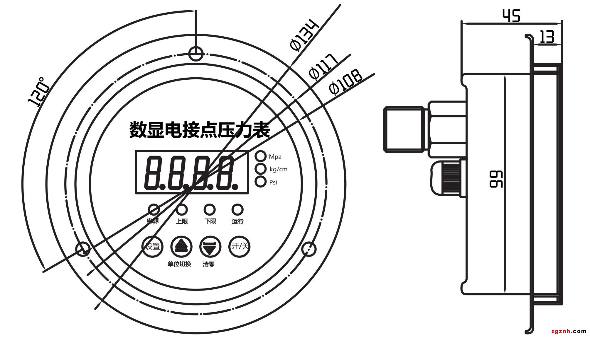 818Z数显电接点压力表尺寸图